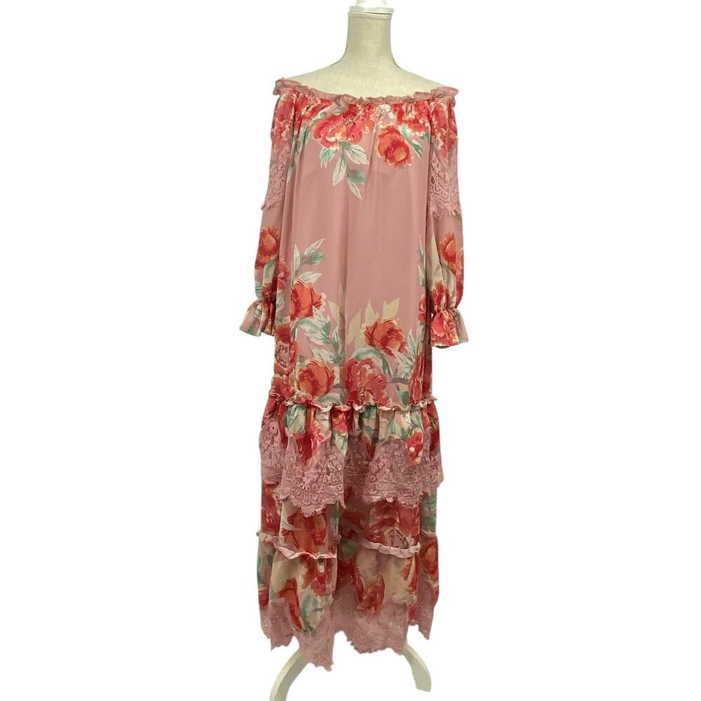 Champagne & Strawberry Maxi Dress Small Off Shoulder Pink Floral Chiffon Peasant - Picture 4 of 16